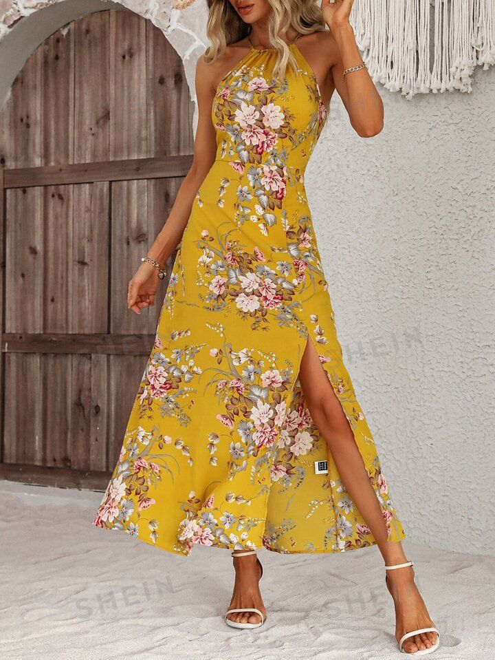 SHEIN VCAY Floral Print Split Thigh Halter Dress | SHEIN