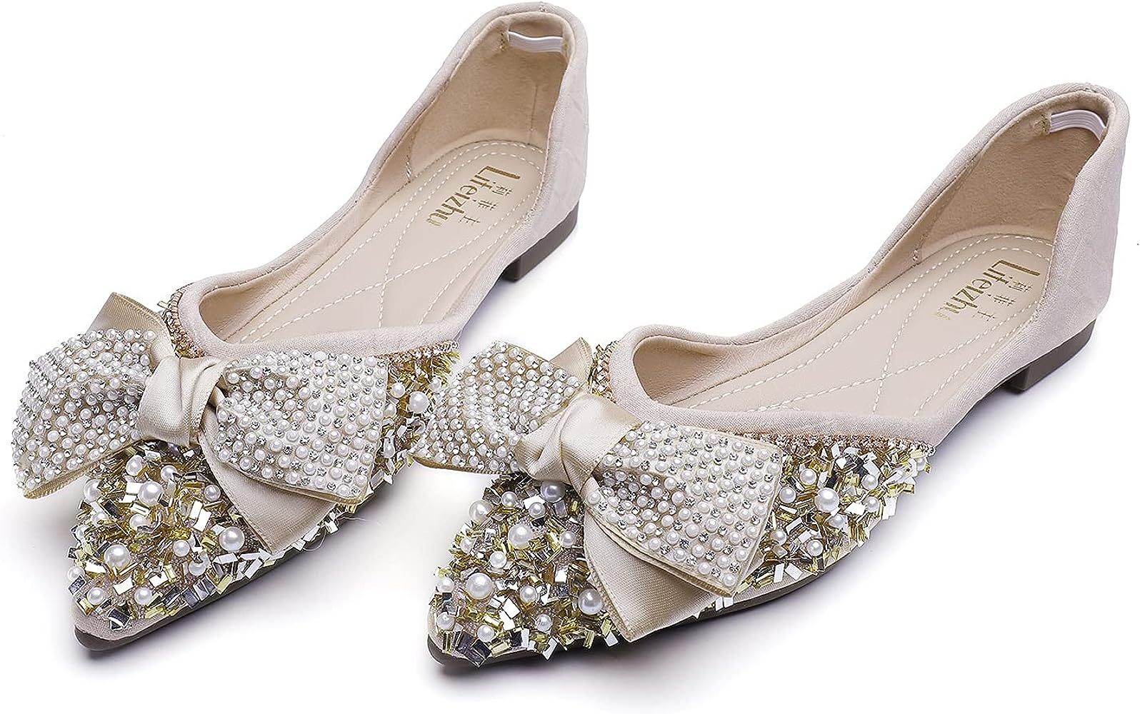 QXCGDYXT Flats Shoes Women Rhinestone Wedding Flats Comfort Pointed Toe Ballet Flat Shoe Low Heel... | Amazon (US)