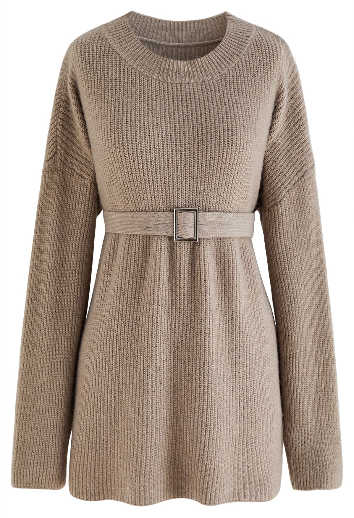 Belted Ribbed Longline Sweater in Tan | Chicwish