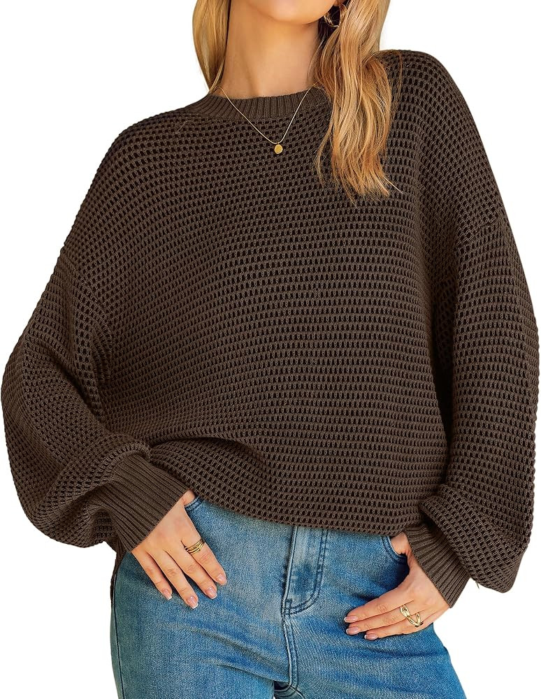 Arach&Cloz Women's Wool Blend Crewneck Fall Trendy Oversized Waffle Sweaters 2025 | Amazon (US)