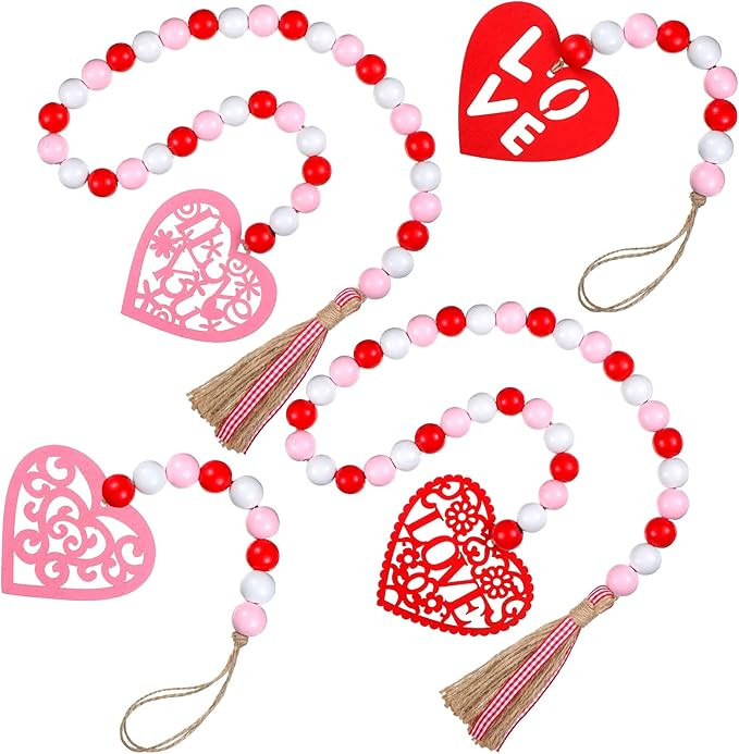 4 Pieces 41 Inch Valentine's Day Wood Bead Garland with Tassels Hanging Wooden Love Heart Ornamen... | Amazon (US)