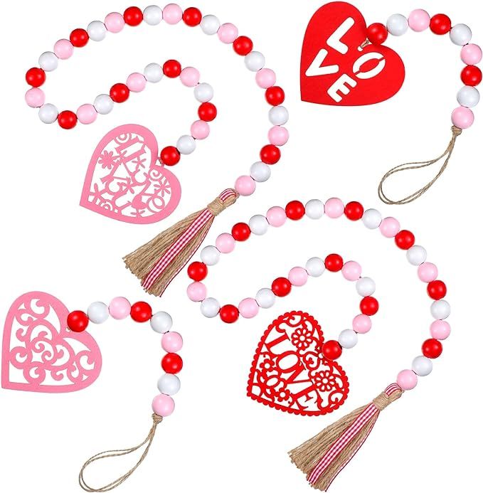 4 Pieces 41 Inch Valentine's Day Wood Bead Garland with Tassels Hanging Wooden Love Heart Ornamen... | Amazon (US)