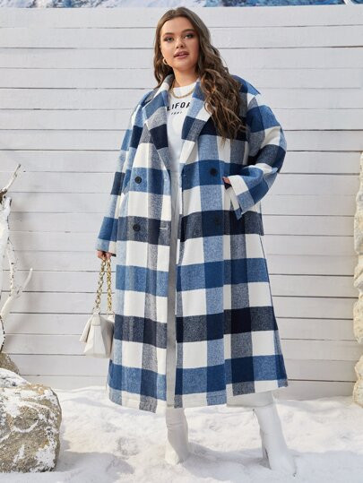 SHEIN Plus Buffalo Plaid Double Breasted Drop Shoulder Longline Overcoat | SHEIN