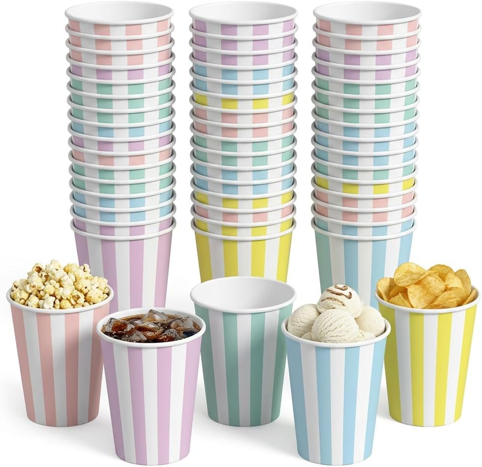 60 Pack 9oz Pastel Striped Paper Cups, 5 Colors (Pink, Blue, Yellow, Purple, Green), Disposable Party Cups for Birthday, Baby Shower, Classroom, Spring Summer Party Supplies | Amazon (US)