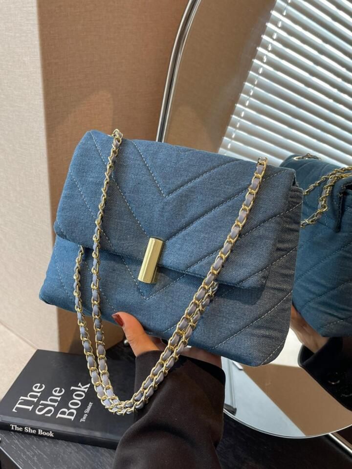 Chevron Flap Chain Square Bag Denim Fashion Style | SHEIN