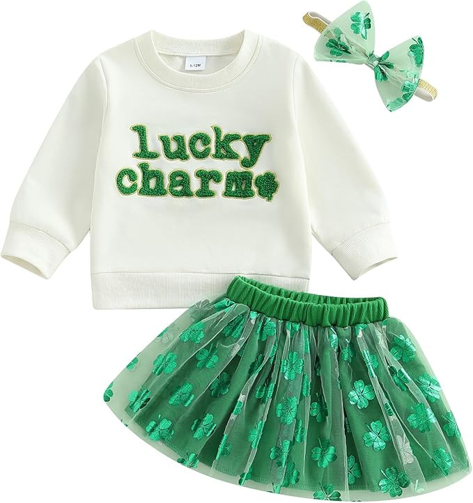 Toddler Baby Girl St Patricks Day Outfit Little Girl Clothes Skirt Set Lucky Charm Sweatshirt Clo... | Amazon (US)