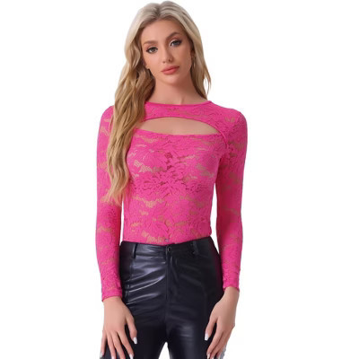 INSPIRE CHIC Women's See-Through Cut Out Long Sleeve Fitted Lace Floral Top Hot Pink Large | Target