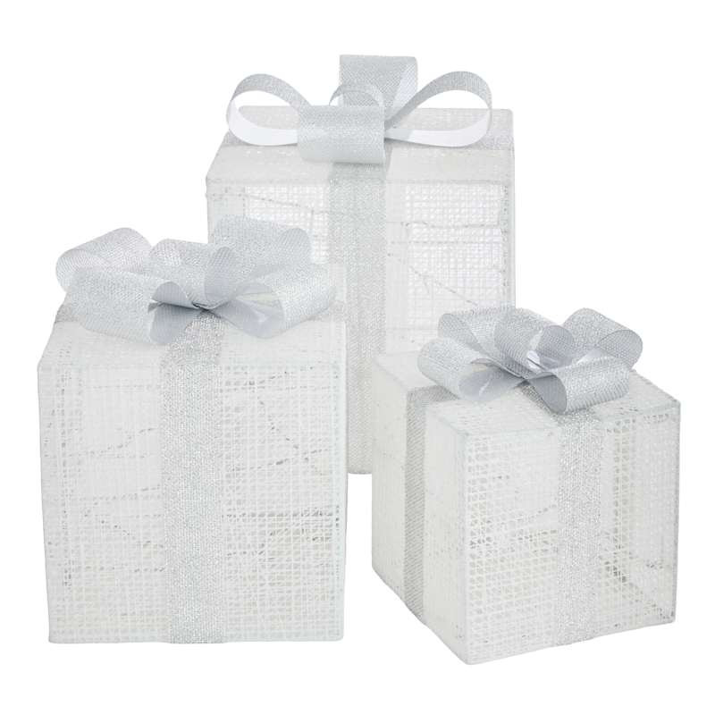 Pre-Lit White Presents with Silver Bow, 12.8" | At Home