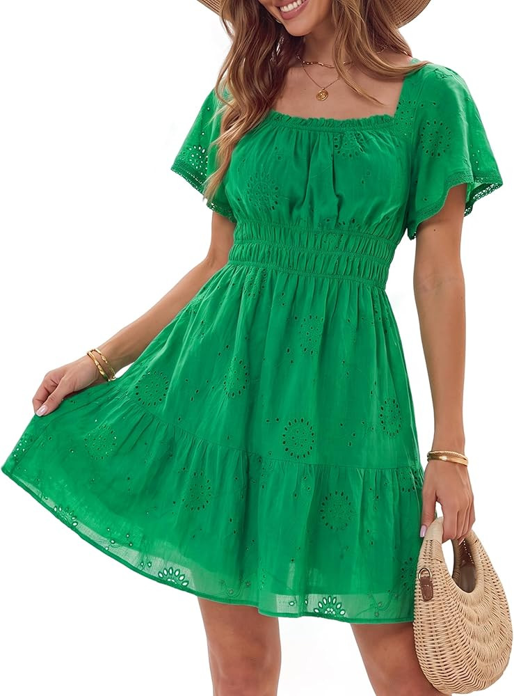 Womens Boho Summer Mini Dress Square Neck Short Sleeve Eyelet Hollow Out Lace Ruffle Casual Beach... | Amazon (US)
