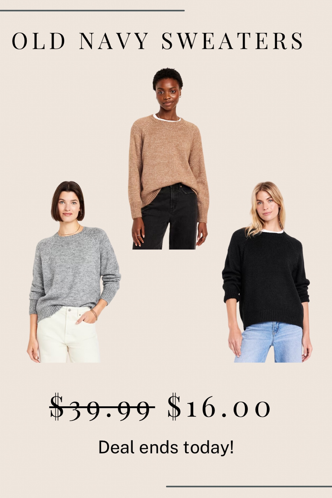 Old navy sweaters on sale for $16! Ends today. 

#LTKSaleAlert