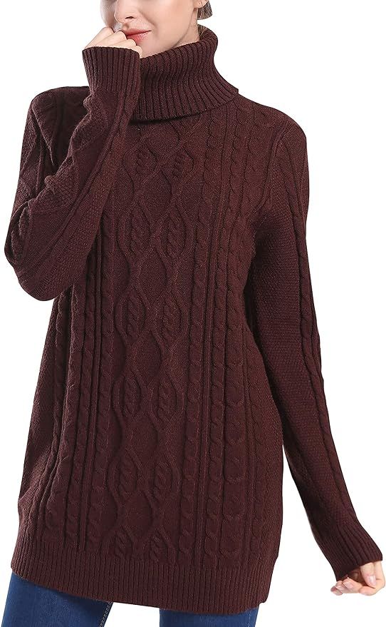 PrettyGuide Women's Long Sweater Turtleneck Cable Knit Tunic Sweater Tops | Amazon (US)