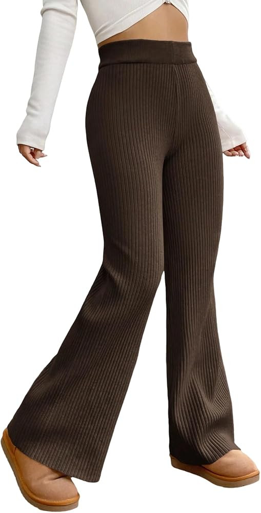 ZAFUL Women's Wide Leg Pants Ribbed Casual Flare Leg Knit Pants Elastic High Waist Home Flare Leg... | Amazon (US)
