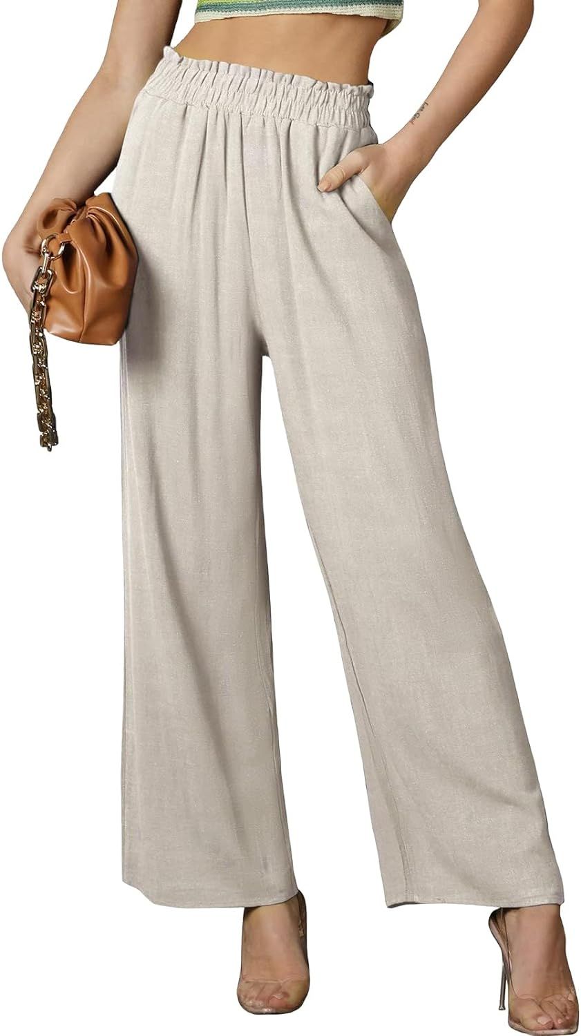 Smoneyful Womens Linen Pants Casual High Waist Wide Leg Trousers Ruffle Elastic Waistband Pant Su... | Amazon (US)
