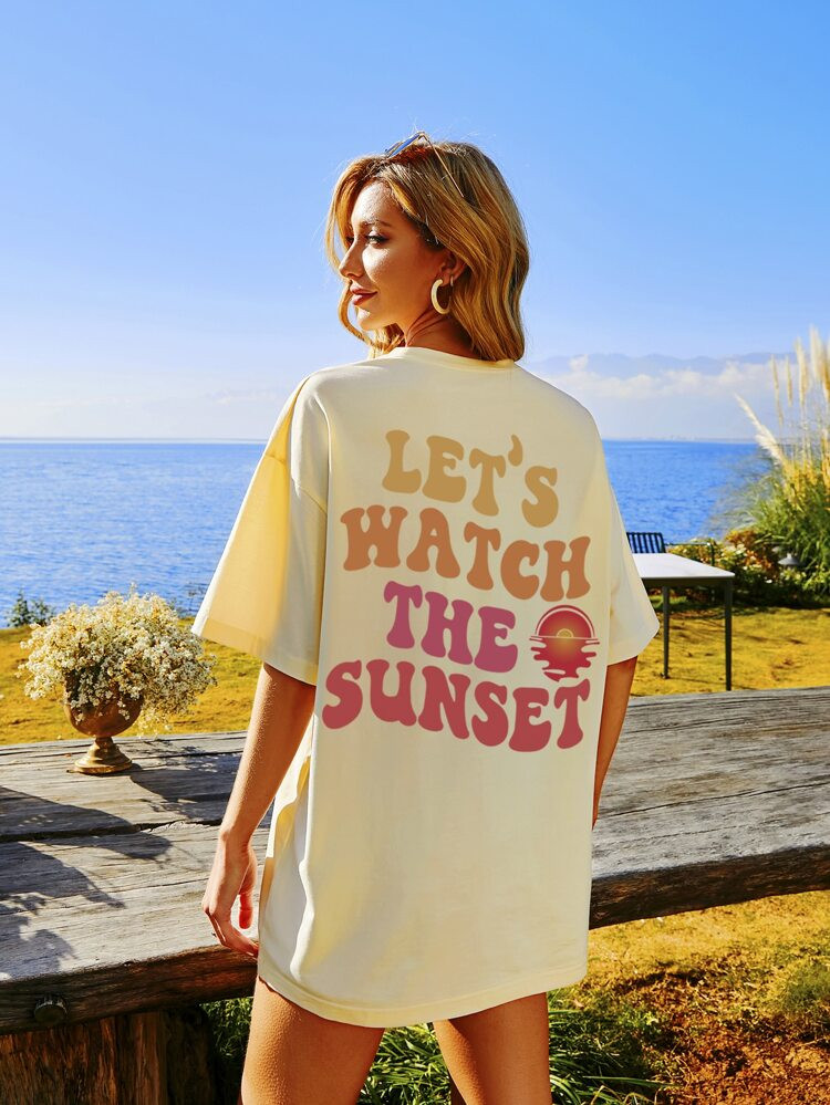 SHEIN EZwear Sun & Slogan Graphic Drop Shoulder Tee | SHEIN