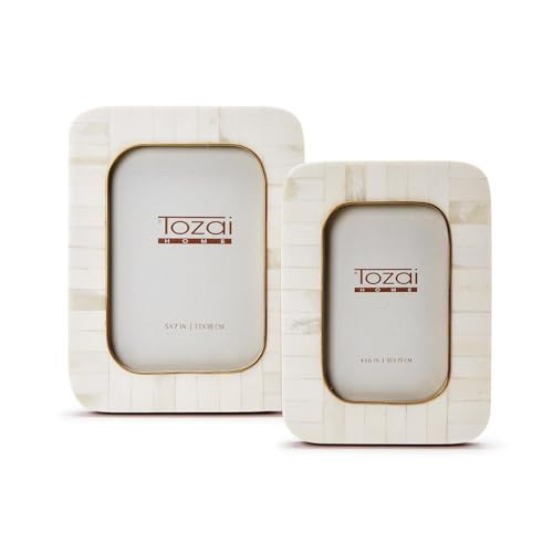 Two's Company La Reserve Set of 2 Mosaic Round Edge Photo Frame with Brass Accent, Includes 2 Sizes, 4x6 and 5x7 Inches, MDF, Home Decor Accessories, White | Amazon (US)