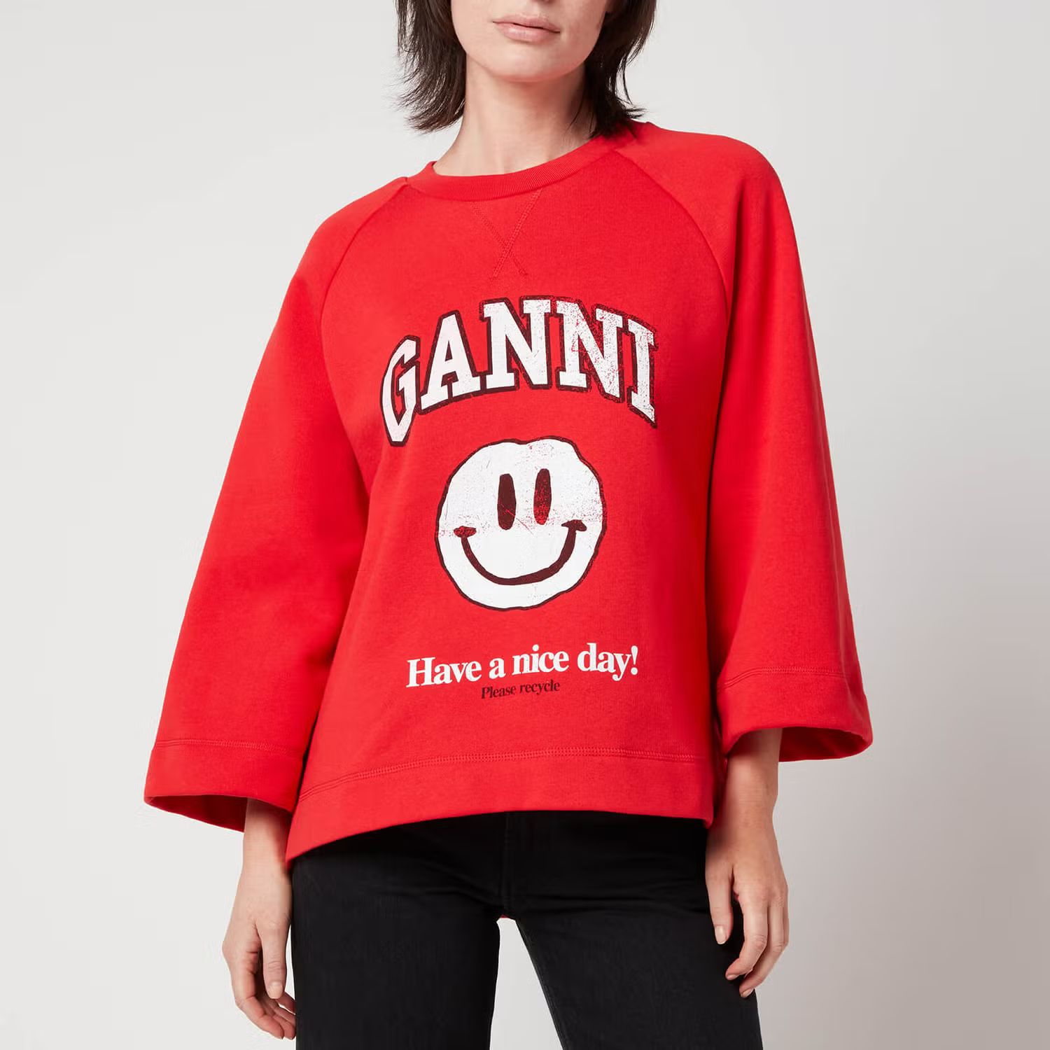 Ganni Women's Isoli Oversized Raglan Smiley Sweatshirt - Flame Scarlet | Coggles (Global)