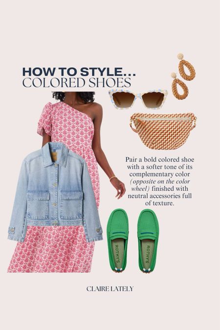 How to style colored shoes - rothy drivers, gap denim jacket (on sale for $60!) tuckernuck spring dress, Clare v bag, Krewe sunglasses, woven earrings 
❤️ CLAIRE LATELY 

#LTKstyletip #LTKSeasonal #LTKworkwear