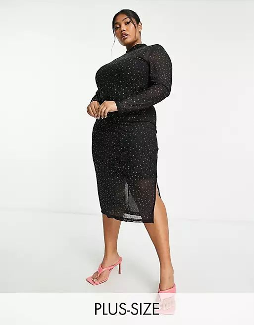 Collective the Label Curve sheer mesh rhinestone midi dress in black | ASOS (Global)