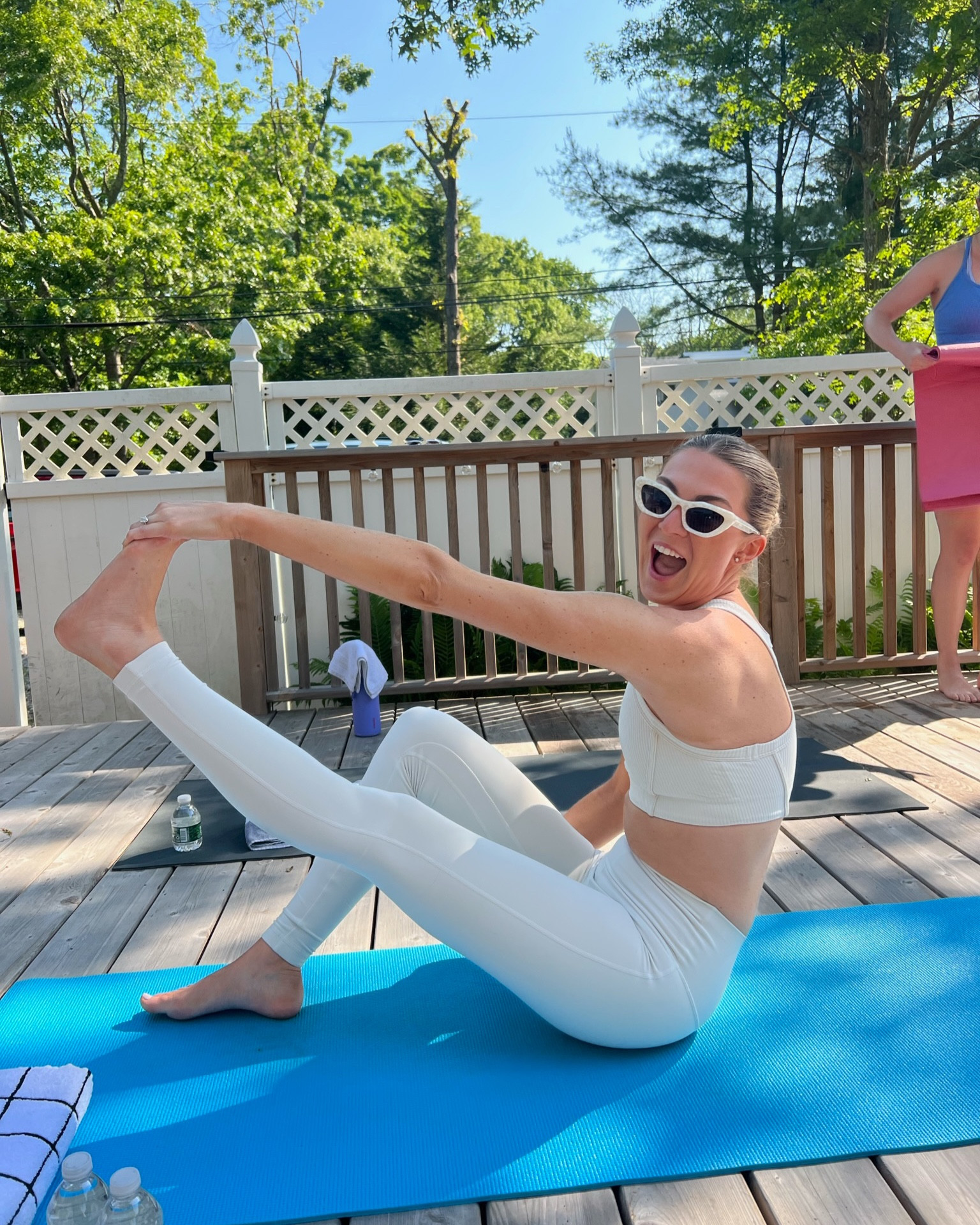 Bachelorette white yoga set! I also wore this athleisure set the morning of my wedding! I tried soooo many white sets from other well known brands, this color (bone) was the only one not see-through! Sunglasses are sold out ☹️

#LTKFitness #LTKwedding