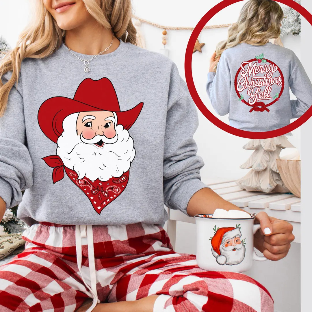 Cowboy Santa Sweatshirt, Merry Christmas Y'all, Country Western Christmas, Christmas Shirt for Wo... | Etsy (US)