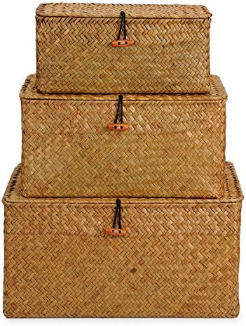 DOKOT Woven Wicker Storage Bins with Lid, Seagrass Basket for Shelf Organizer, Extra Large, Set of 3 | Amazon (US)