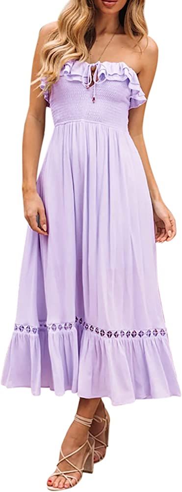 R.Vivimos Womens Summer Cotton Spaghetti Straps V-Neck Ruffle Casual Boho Midi Flowy Dress | Amazon (US)