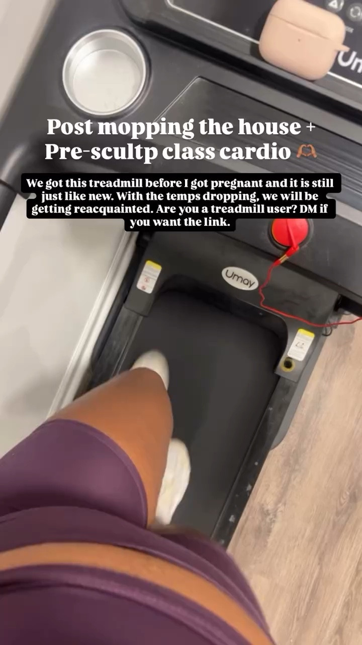 Post mopping the house + Pre-scultp class cardio 🫶🏽 We got this treadmill before I got pregnant and it is still just like new. With the temps dropping, we will be getting reacquainted. Are you a treadmill user? DM if you want the link.