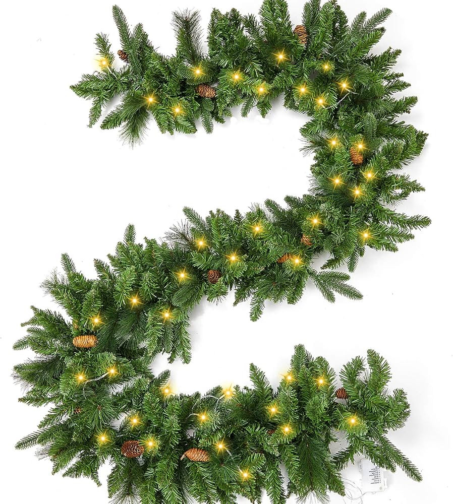 9 Foot Pre-lit Christmas Garland with Lights, Artificial Pine Garland, Waterproof Battery Operate... | Amazon (US)