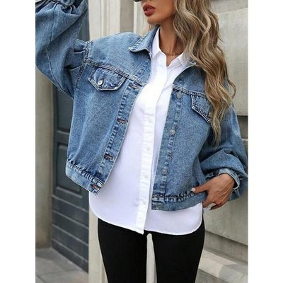 Coolmee Women's Denim Jacket Casual Long Sleeve Crop  Button Front Jean Jacket Coat With Pockets Blue M | Target