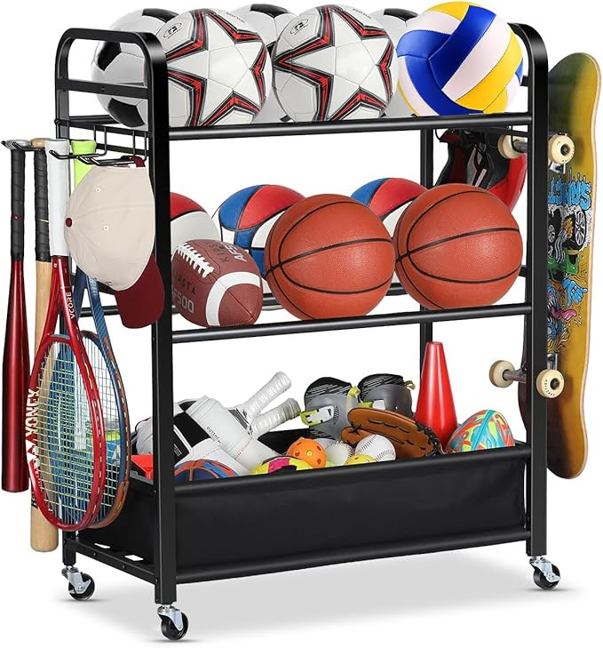 Ball Storage Rack with Wheels for Garage, Sports Equipment Organizer | Amazon (US)