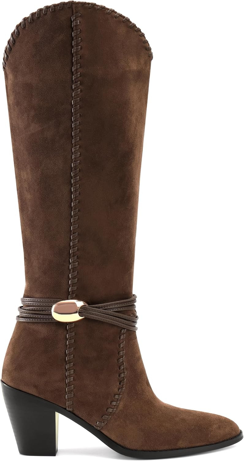 Suede Cowboy Boots for Women Pointed Toe Knee High Cowgirl Boots Chunky Heel Western Boot Dressy Fall Pull on Fashion | Amazon (US)
