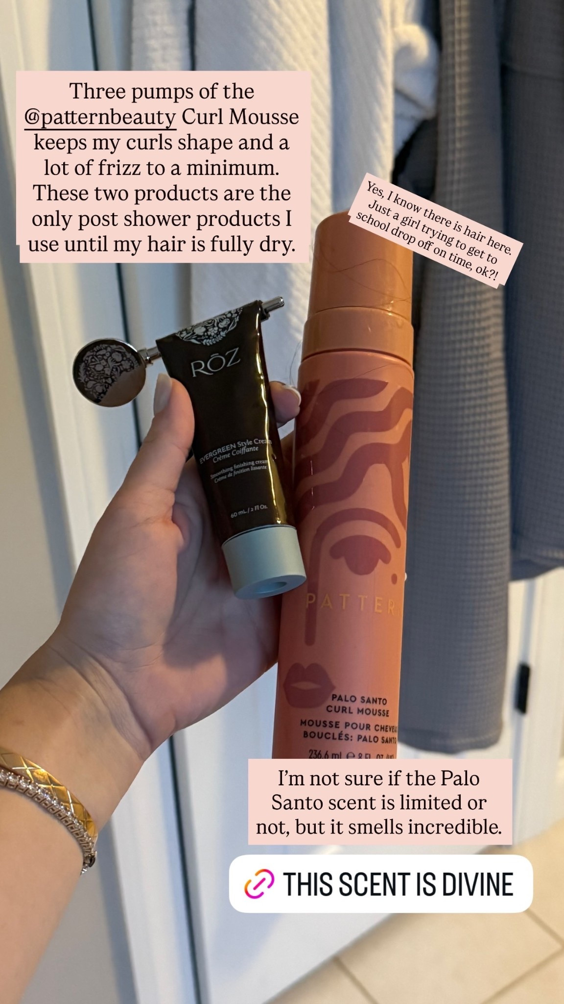 Three pumps of the  @patternbeauty Curl Mousse keeps my curls shape and a lot of frizz to a minimum. These two products are the only post shower products I use until my hair is fully dry.  I’m not sure if the Palo Santo scent is limited or not, but it smells incredible.  Yes, I know there is hair here. 
Just a girl trying to get to school drop off on time, ok?! @sephora
