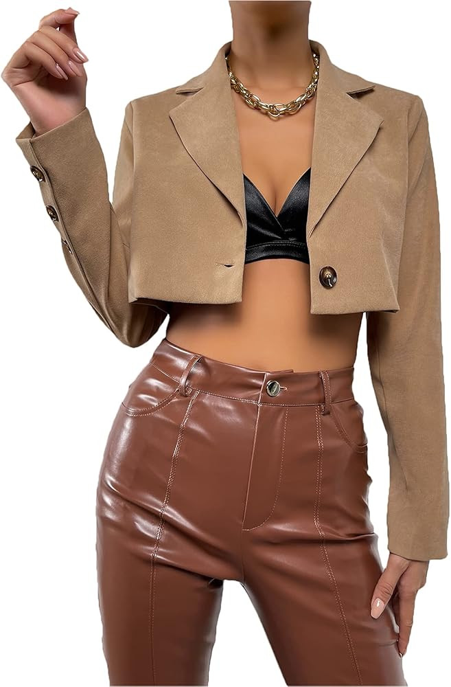 SheIn Women's Lapel Neck Long Sleeve Crop Blazer Jacket Solid Button Coat Outerwear | Amazon (US)