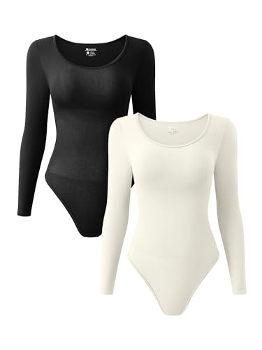 OQQ Women's 2 Piece Bodysuits Sexy Ribbed One Piece Long Sleeve Crew Neck Tops Bodysuits Black Beige | Amazon (US)