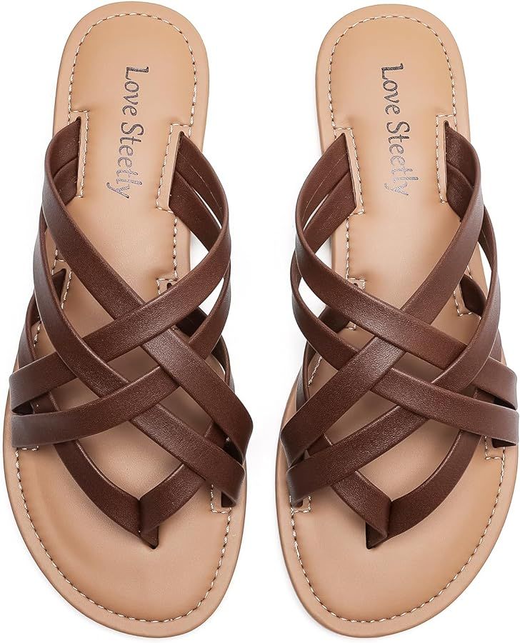 Women's Flat Sandals, Flip Flop Slides Sandal Casual Strapy Sandal Slip on Summer Beach Shoes for... | Amazon (US)