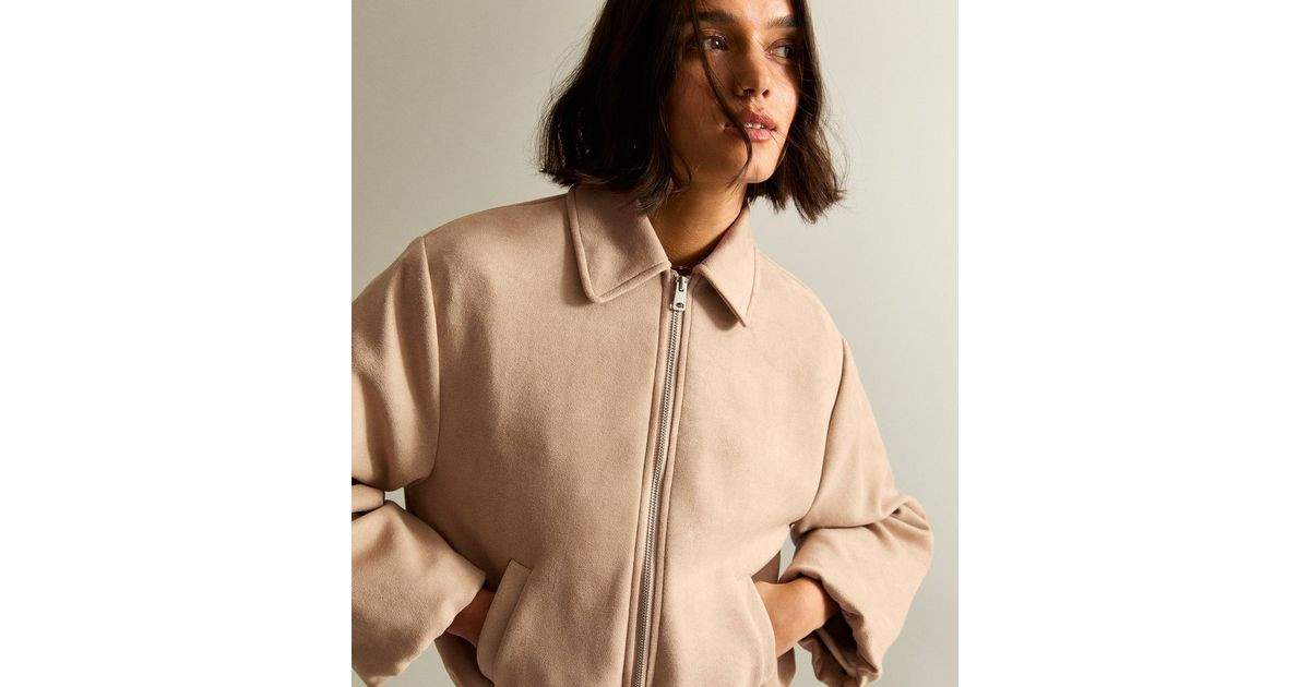 Stone Faux Suede Bubble Hem Bomber Jacket | New Look | New Look (UK)