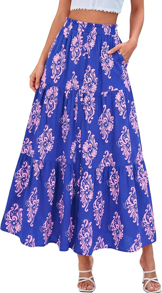 BTFBM Maxi Skirts for Women Summer Outfits Elastic High Waist A Line Boho Beach Vacation Cruise F... | Amazon (US)
