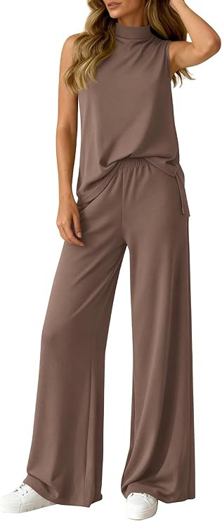 BTFBM 2 Piece Outfits For Women Airport Travel Summer 2026 Loose Mock Neck Sleeveless Wide Leg Pa... | Amazon (US)