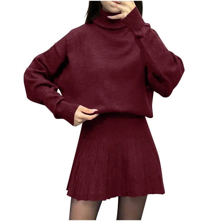 2 Piece Sweater Skirt Sets Womens Soft Knit Turtleneck Sweaters and High Waist Pleated Short Skir... | Walmart (US)