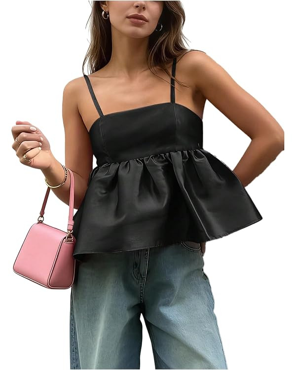 Women's Summer Peplum Babydoll Tops Square Neck Spaghetti Strap Cute Going Out Party Camisole Top... | Amazon (US)