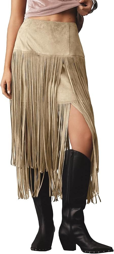 Locachy Womens Faux Suede Fringe Trim Midi Skirt Casual High Waist Bodycon Skirt | Amazon (US)