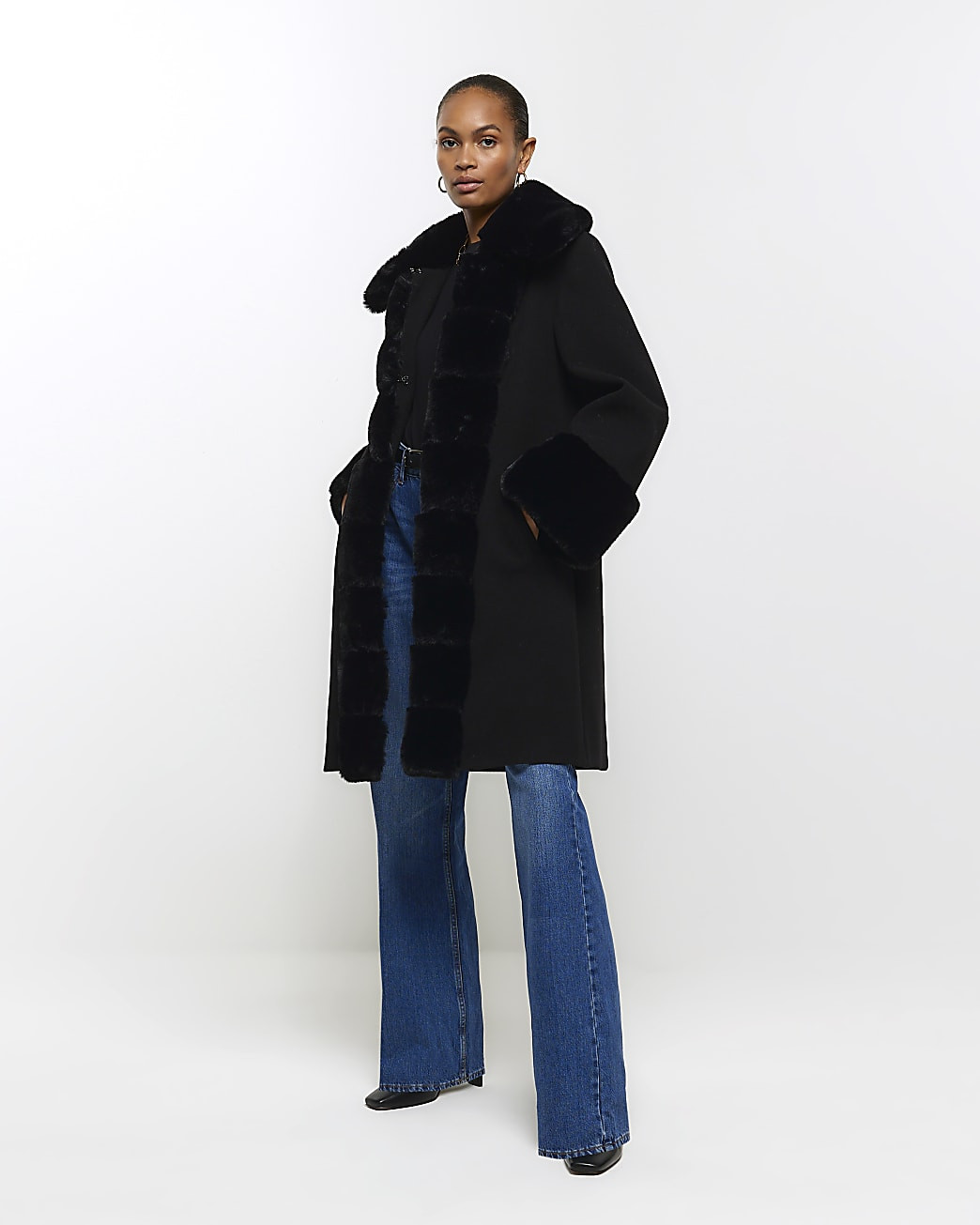 Black faux fur trim coat | River Island (US)