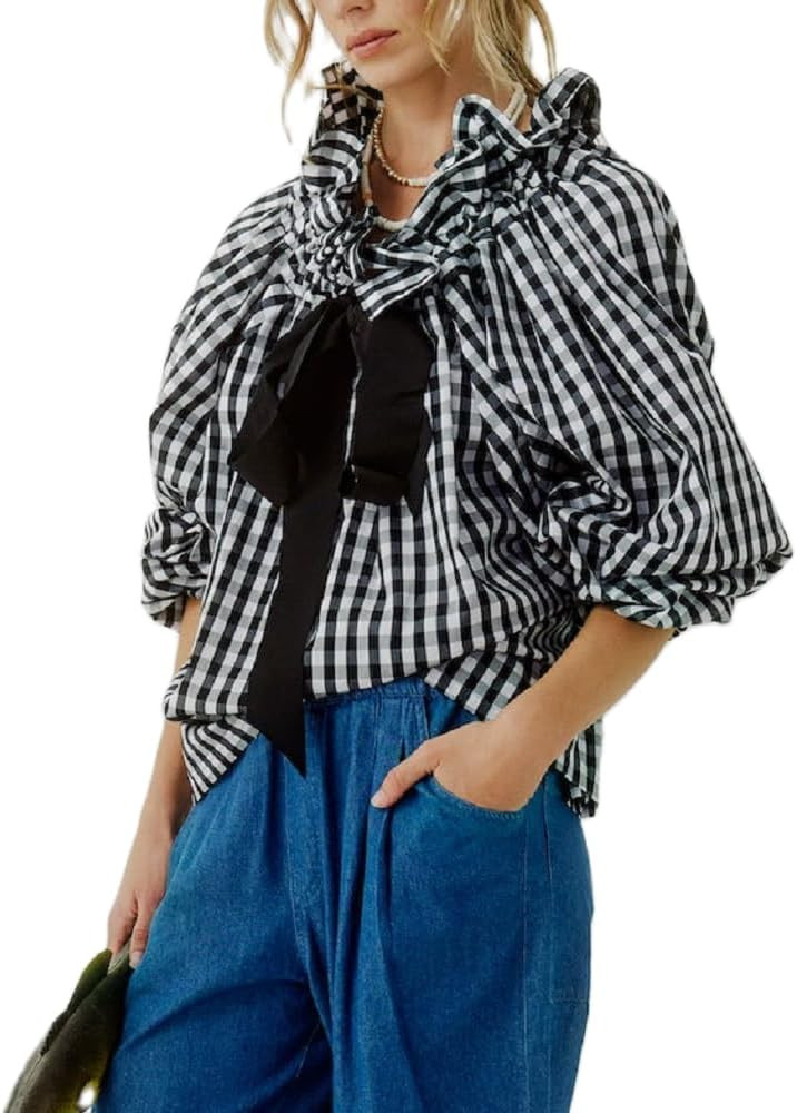 Women Bow Tie Mock Neck Ruffle Top Striped Puff Long Sleeve Shirt Y2k Plaid Babydoll Pullover Tun... | Amazon (US)