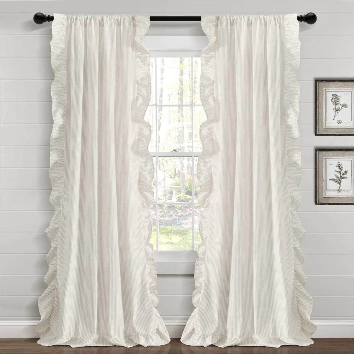 Farmhouse Stripe Reyna Ruffle Window Curtain Panel Set | Lush Decor