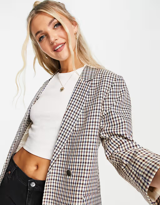 Stradivarius double breasted blazer in brown check | ASOS (Global)