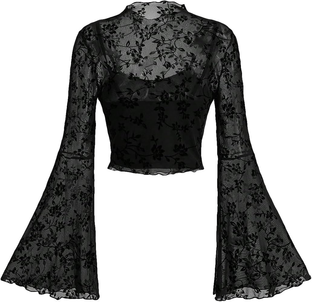 Verdusa Women's Gothic Clothes Y2K Mesh Long Bell Sleeve Crop Tops Country Concert Outfits Boho T... | Amazon (US)