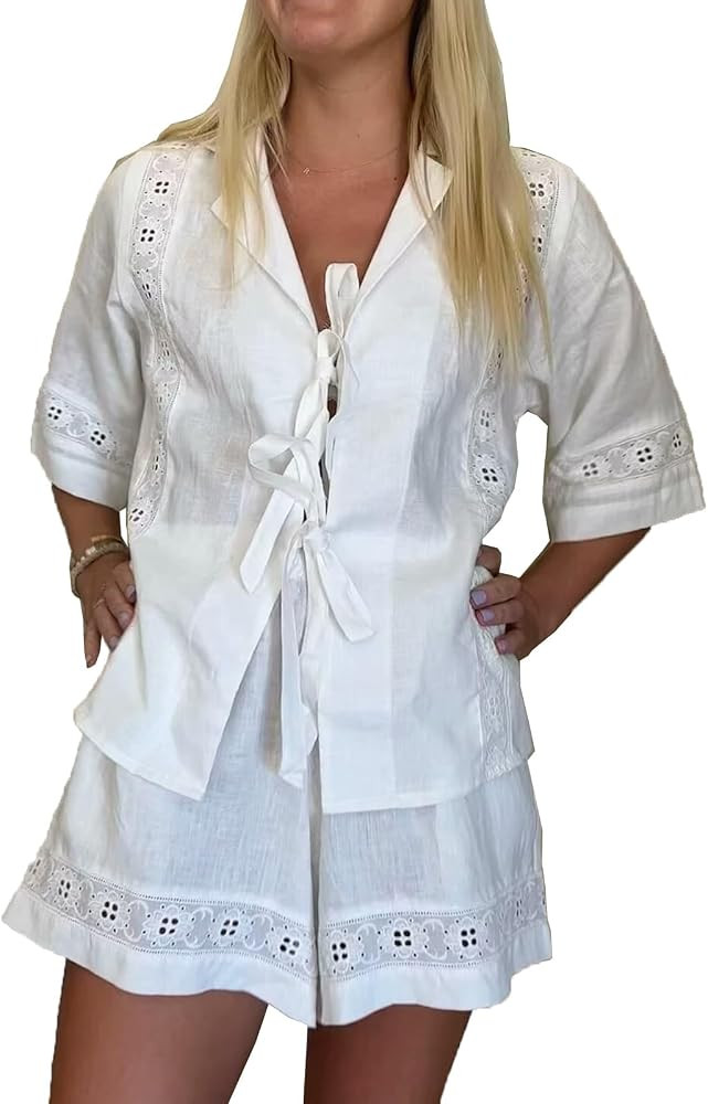 Women Pyjamas Set Lace Up Pjs Half Sleeve Peplum Sleepwear Shorts 2 Piece Tie Front Shirt and Sho... | Amazon (US)