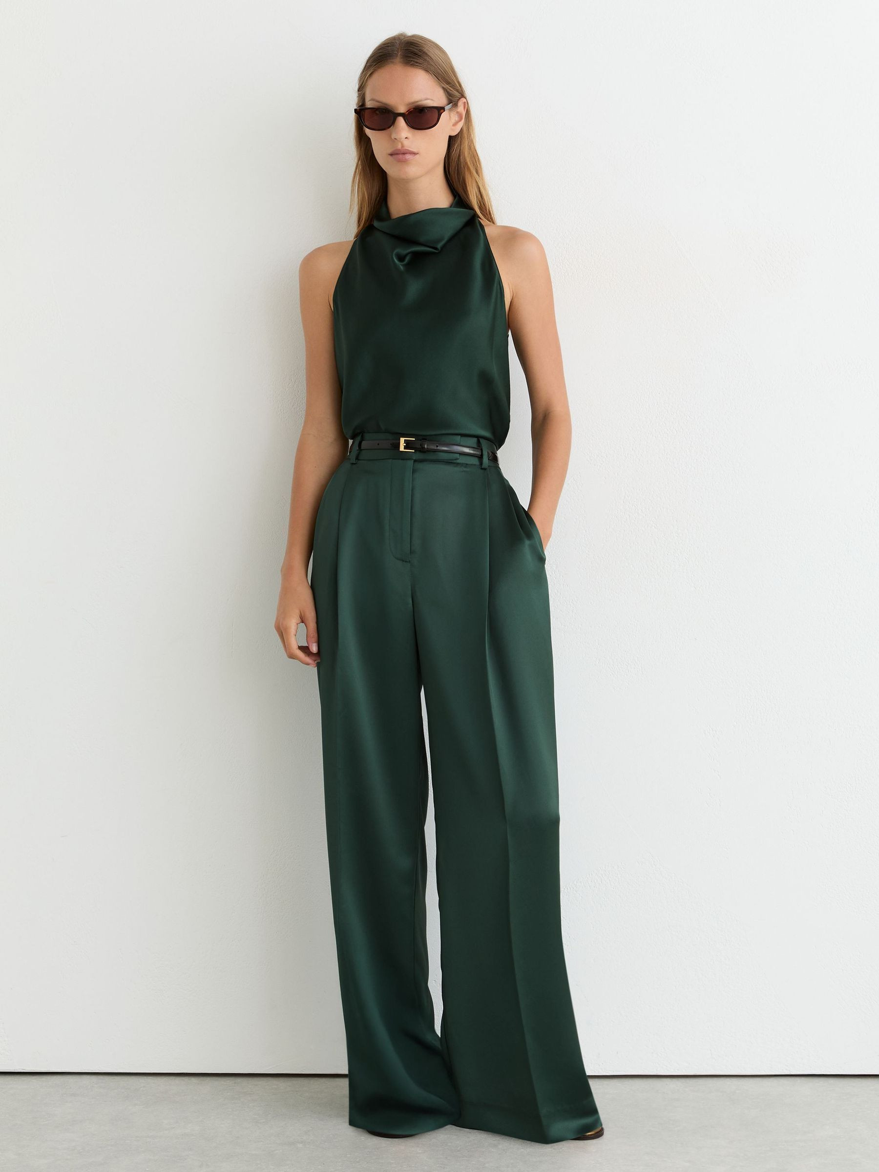 Reiss Satin Wide-Leg Pleated Trousers in Teal Green - REISS | Reiss UK