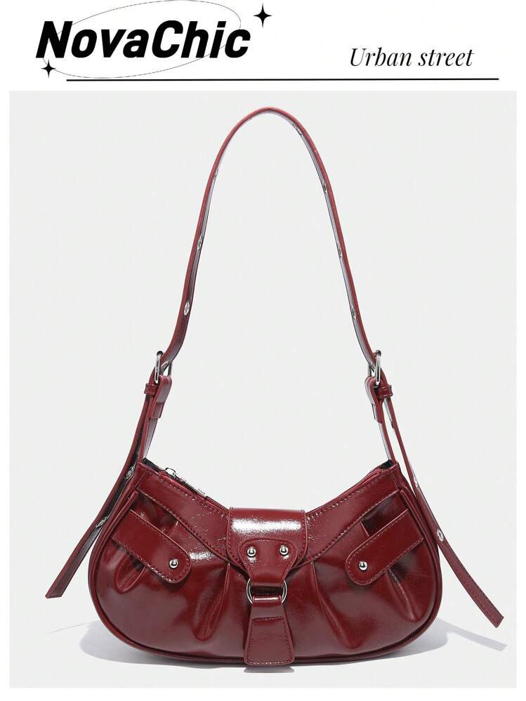 Burgundy Pleated Zip Bag  | SHEIN