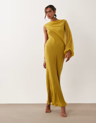 ASOS DESIGN draped one-sleeve bias maxi dress in mustard yellow | ASOS (Global)